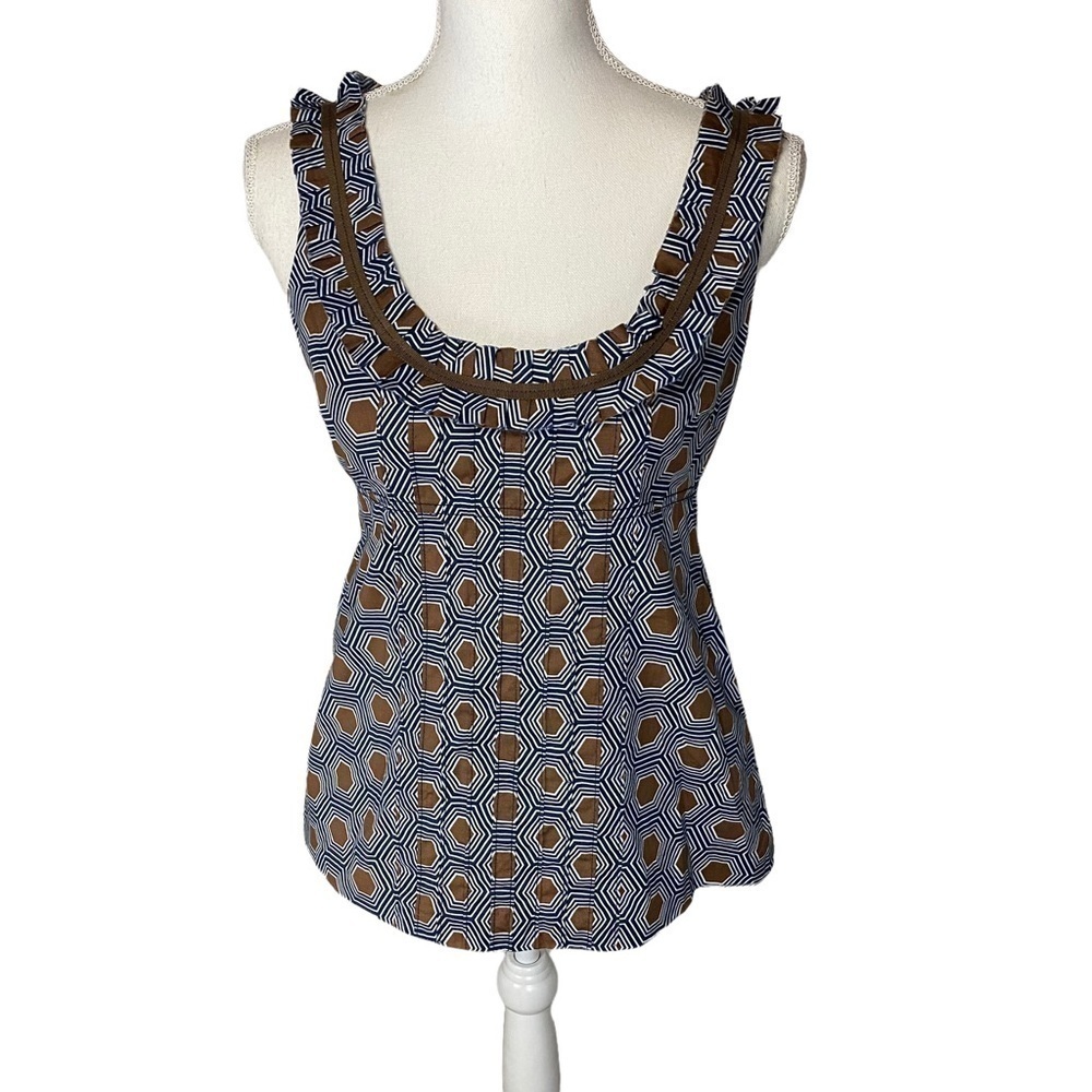 Tory Burch Navy‎ Brown Geometric Print Pleated Tank Blouse 4
